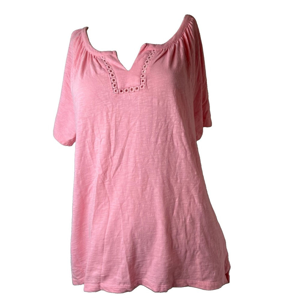 Talbots Shirt Women's Size L Pink Split Neck  SS Spring Summer 100% Cotton Top